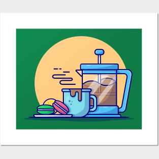 Hot Coffee With Teapot And Macaroon Cartoon Vector Icon Illustration Posters and Art